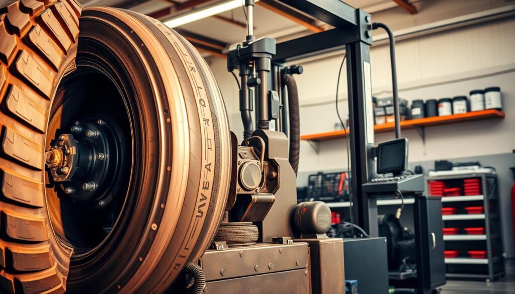 Technician operating a commercial tire changer with hydraulic bead breaker on semi truck wheel