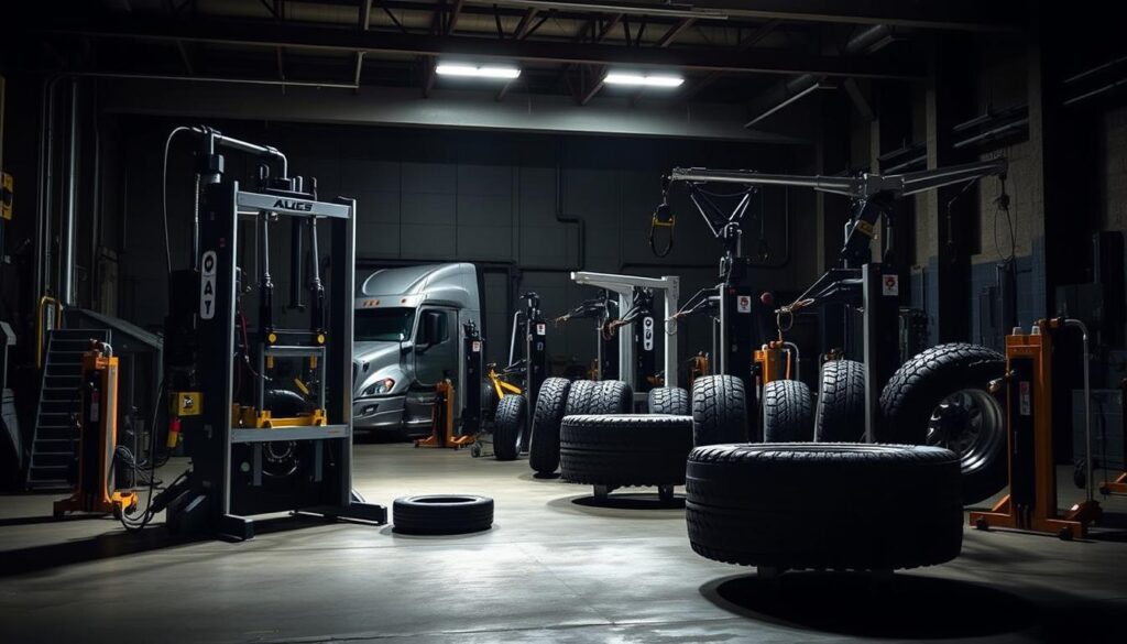 Three commercial tire changer configuration types showing lever-style, tilt-back, and center post designs