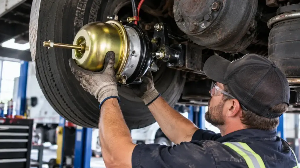 Diesel technician installing a brake chamber on a heavy-duty commercial truck air brake system in a repair shop