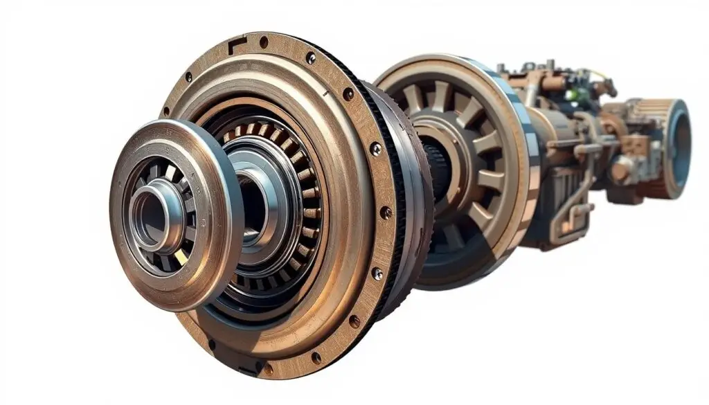 Heavy duty truck clutch assembly showing pressure plate, clutch disc, flywheel, and release bearing components