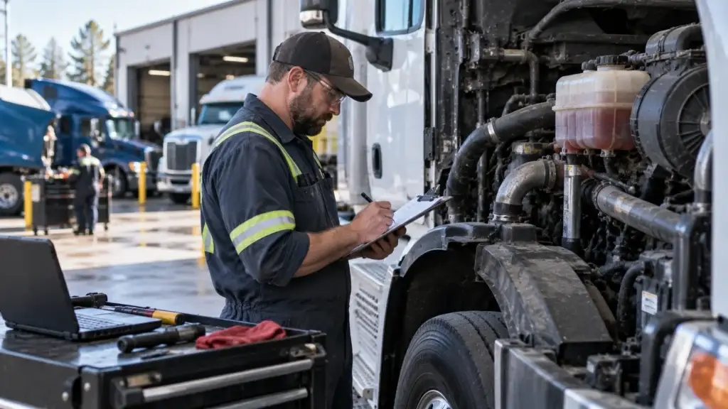 Diesel technician inspecting a Class 8 truck during scheduled preventive maintenance at a commercial fleet service facility.