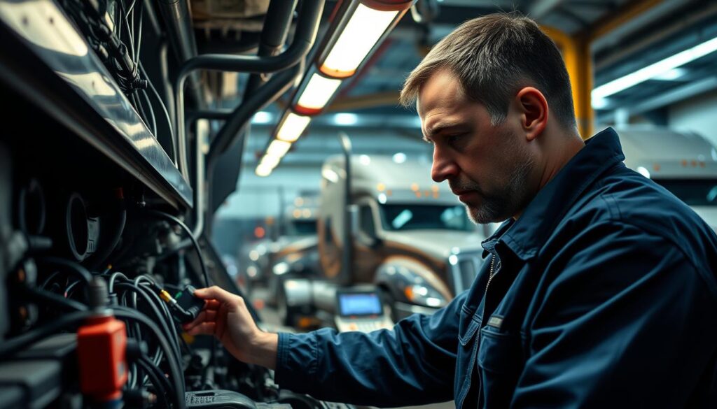 Heavy-duty truck technician working on Class 8 commercial vehicle powertrain systems