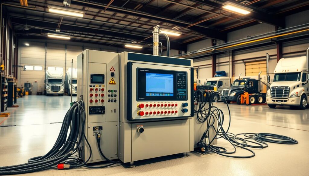 Emissions testing equipment setup in diesel repair facility