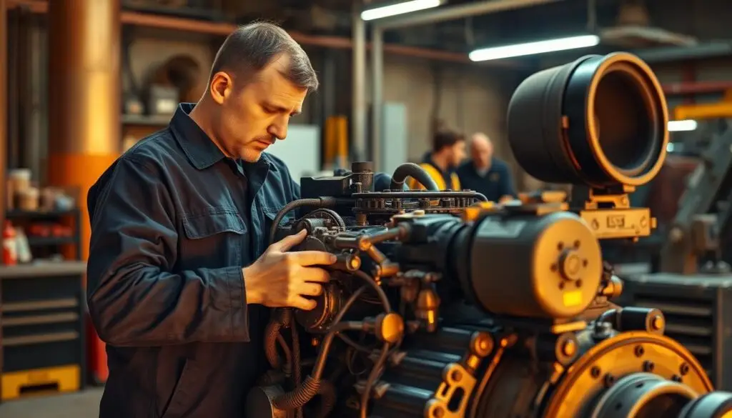Heavy equipment technician performing hands-on diesel engine repair in a shop environment
