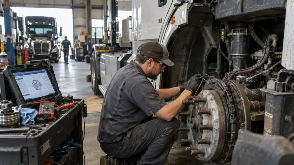 Diesel technician testing a heavy-duty truck ABS wheel speed sensor and brake system in a commercial repair shop using professional diagnostic equipment.