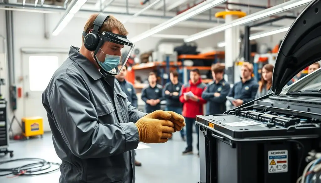 EV technician wearing insulated gloves and arc-rated face shield during high-voltage training
