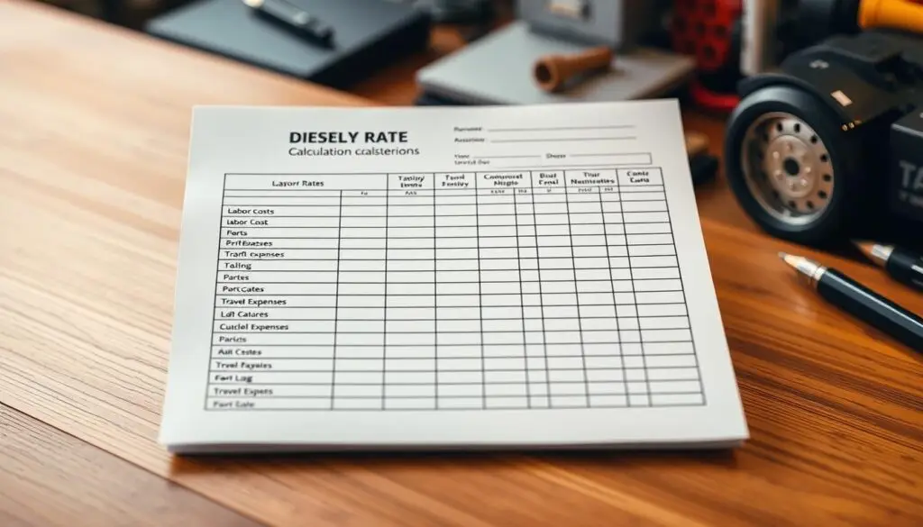 Worksheet showing diesel technician hourly rate calculation with direct costs and overhead