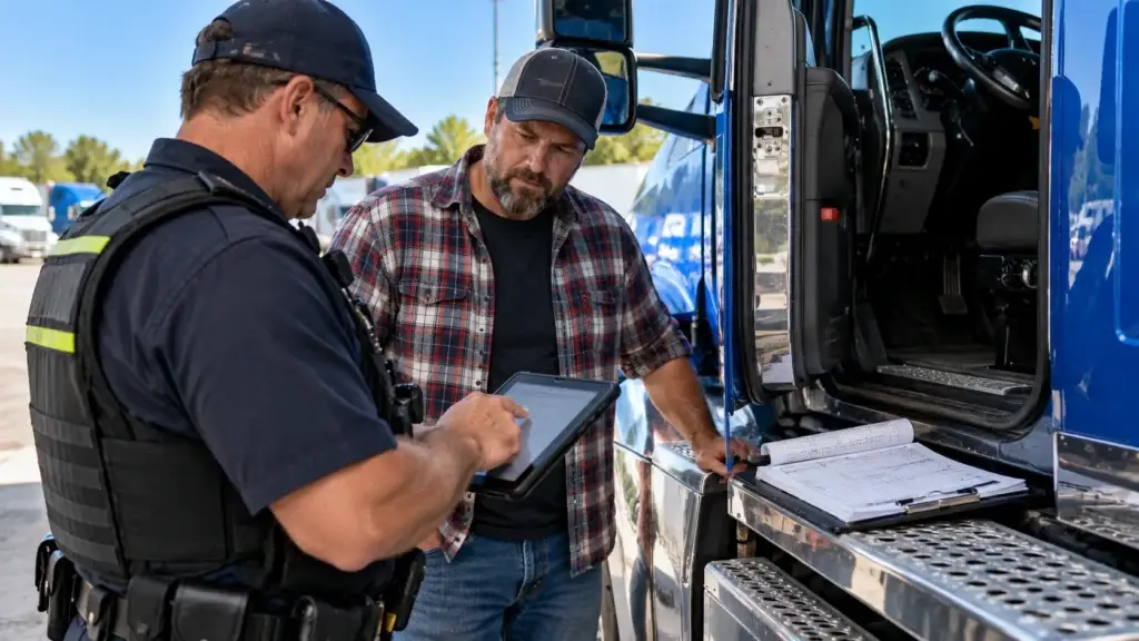 Commercial truck driver reviewing electronic logging device records with an inspector beside a Class 8 semi truck during an hours-of-service compliance check.