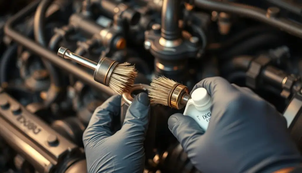 Technician cleaning carbon deposits from diesel EGR valve with specialized cleaning solution