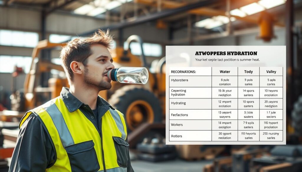 Hydration station with water cooler and electrolyte beverages in heavy equipment repair shop