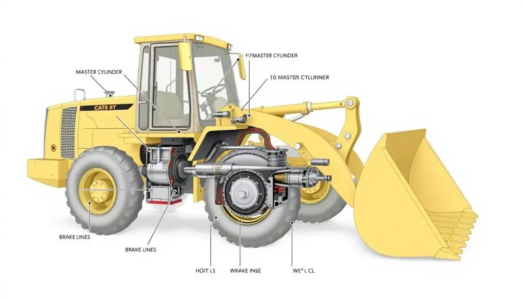 Hydraulic brake components diagram showing master cylinder, brake valves, and system architecture in wheel loader