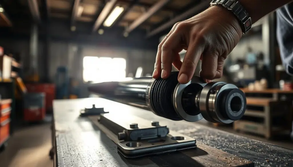 Close-up inspection of hydraulic cylinder rod surface and seal area for wear indicators