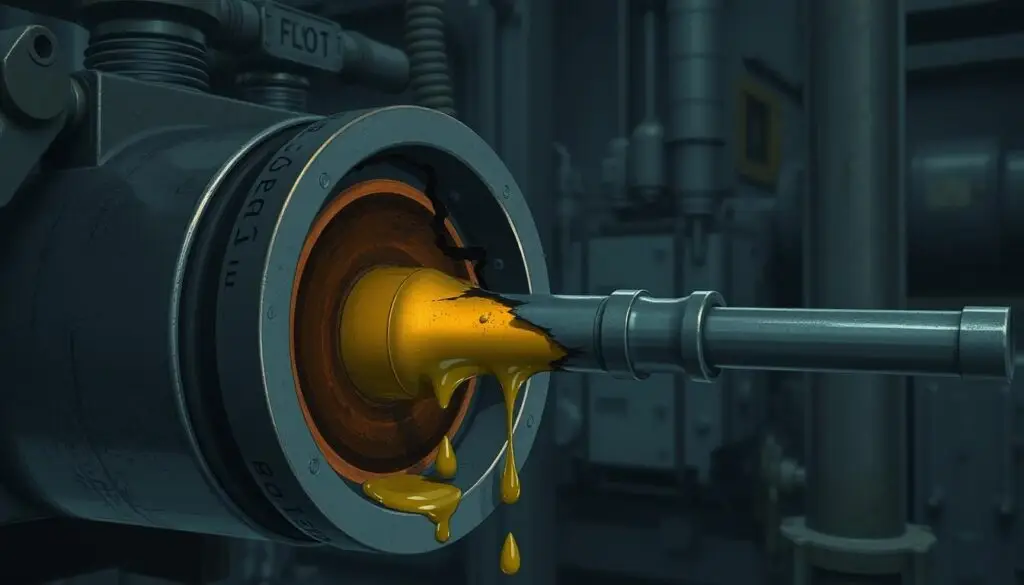 Hydraulic cylinder cross-section showing seal wear patterns and common leak points