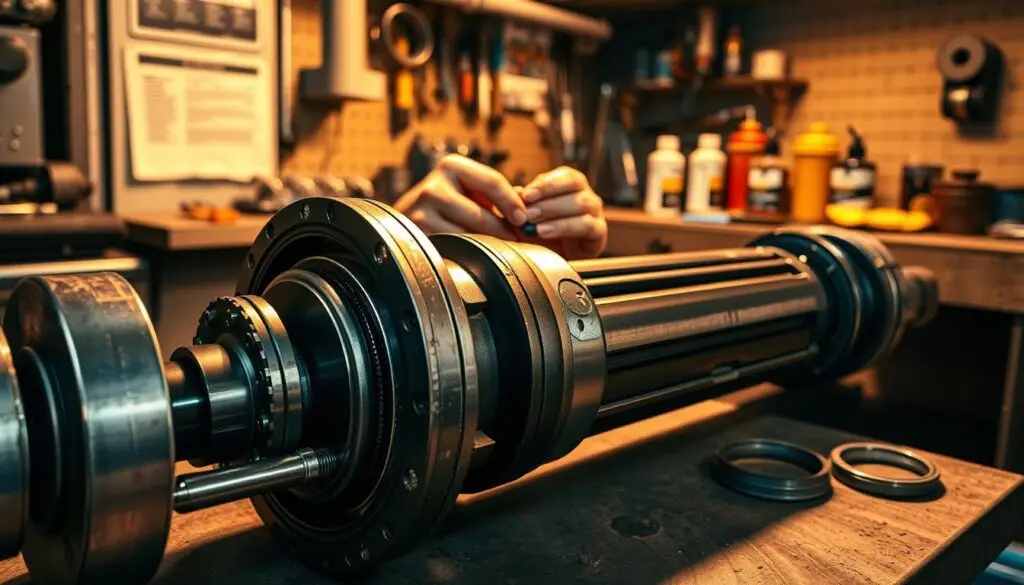 Technician replacing hydraulic cylinder seals during economical repair procedure