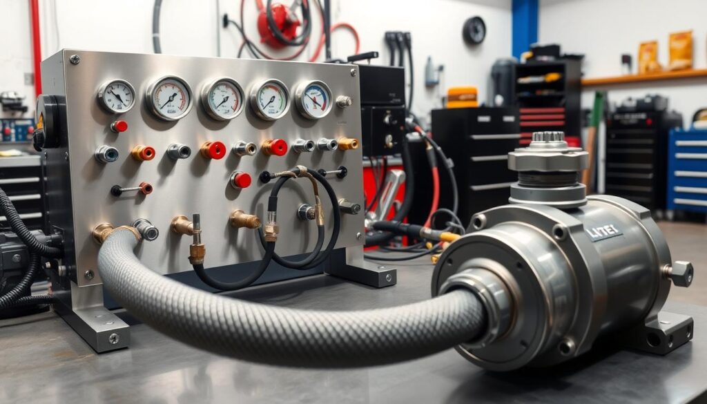 Digital pressure gauge connected to hydraulic test port for system diagnostics