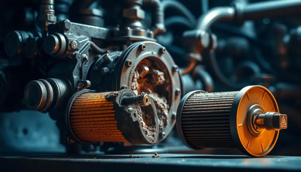 Cutaway view of hydraulic filter showing bypass valve mechanism and contaminated filter element