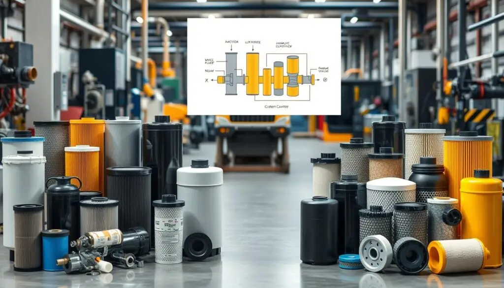 Various hydraulic filter types including return line, pressure line, and suction filters in industrial applications