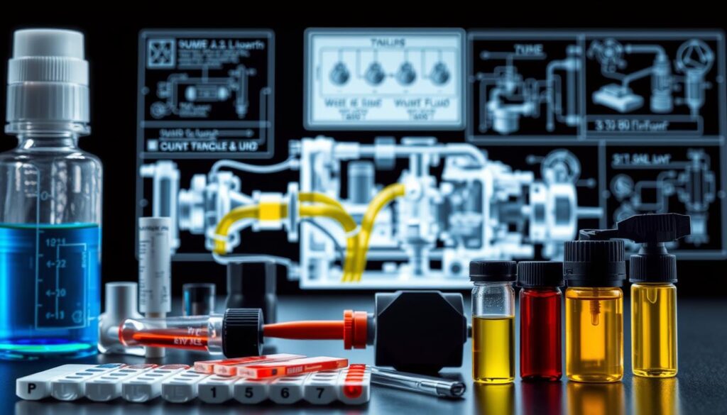 Side-by-side comparison of clean amber hydraulic fluid versus dark contaminated fluid