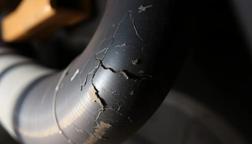 Damaged hydraulic hose showing surface abrasion and wire reinforcement exposure