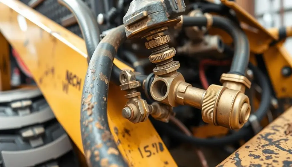 Hydraulic hoses showing various failure modes including cracking, abrasion, and bulging