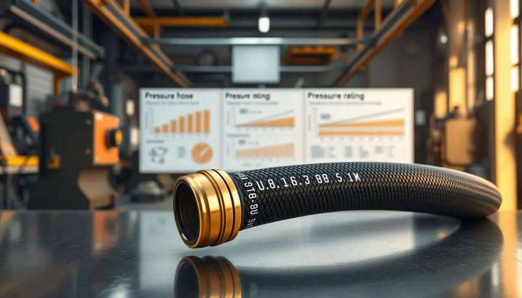 Close-up of hydraulic hose showing SAE rating and pressure specification markings