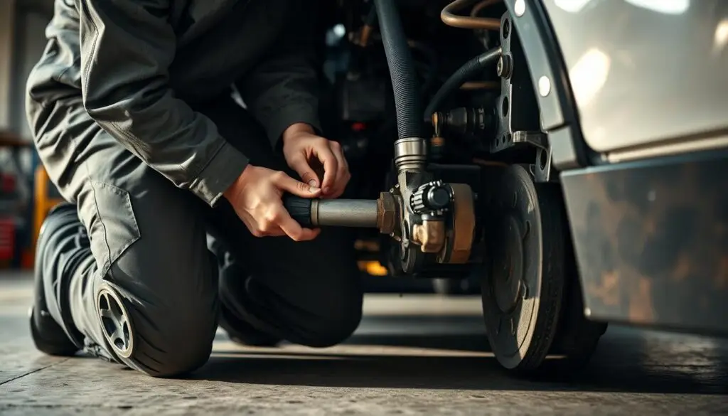 Fleet technician replacing hydraulic hose with proper safety equipment