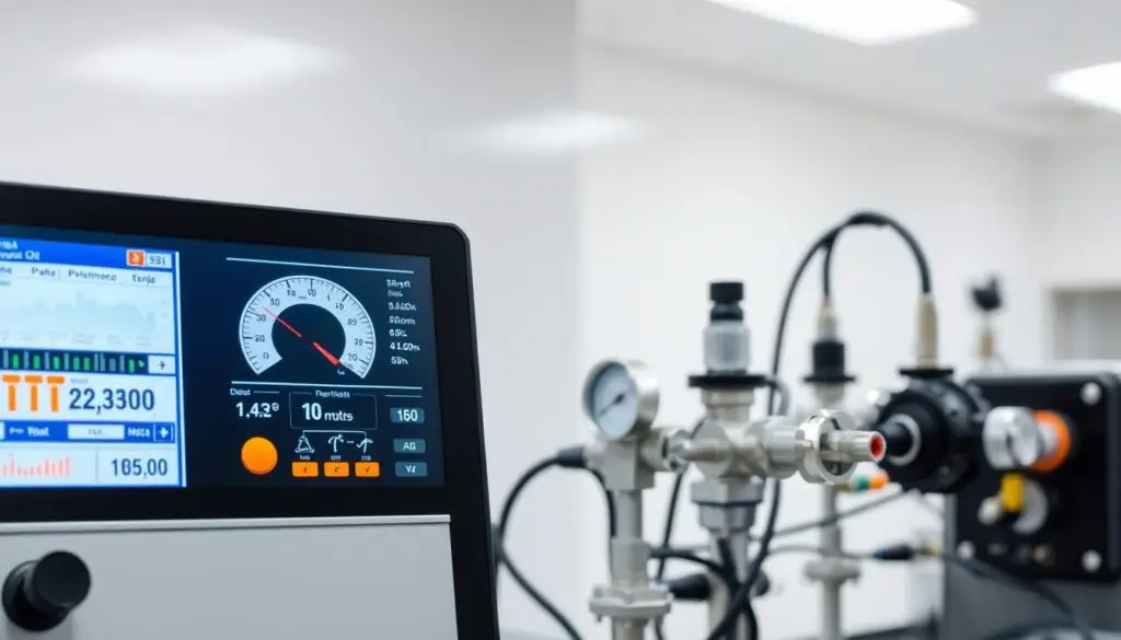 Laboratory technician testing hydraulic oil sample with spectroscopy equipment