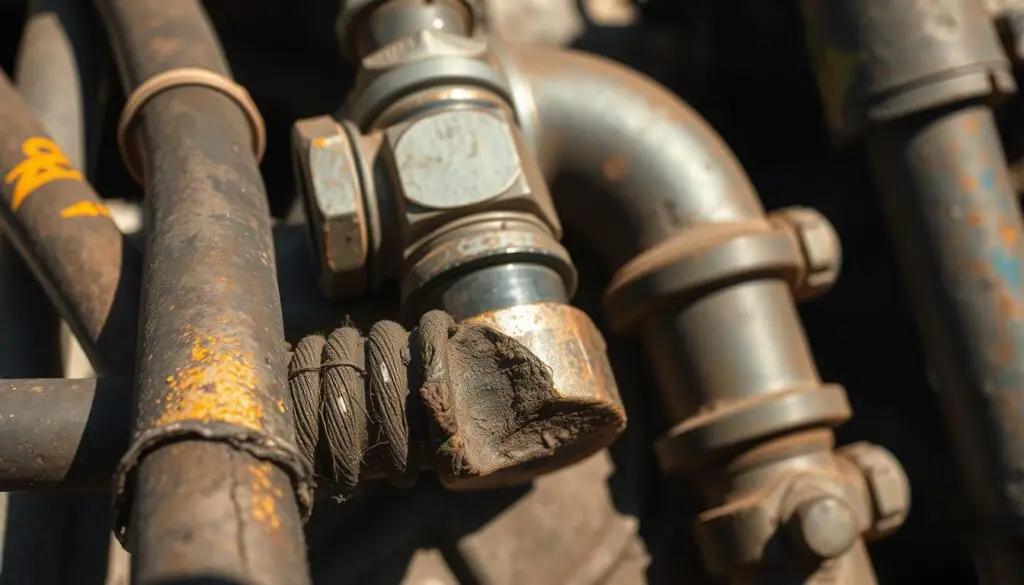 Side-by-side comparison of new and degraded hydraulic oil showing color change