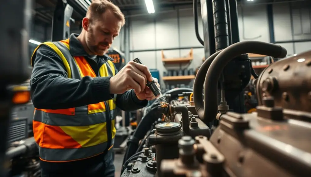 Technician collecting hydraulic oil sample through dedicated sampling valve