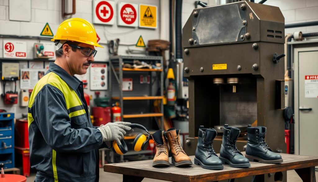 Hydraulic press PPE requirements showing safety glasses, cut-resistant gloves, and steel-toed boots