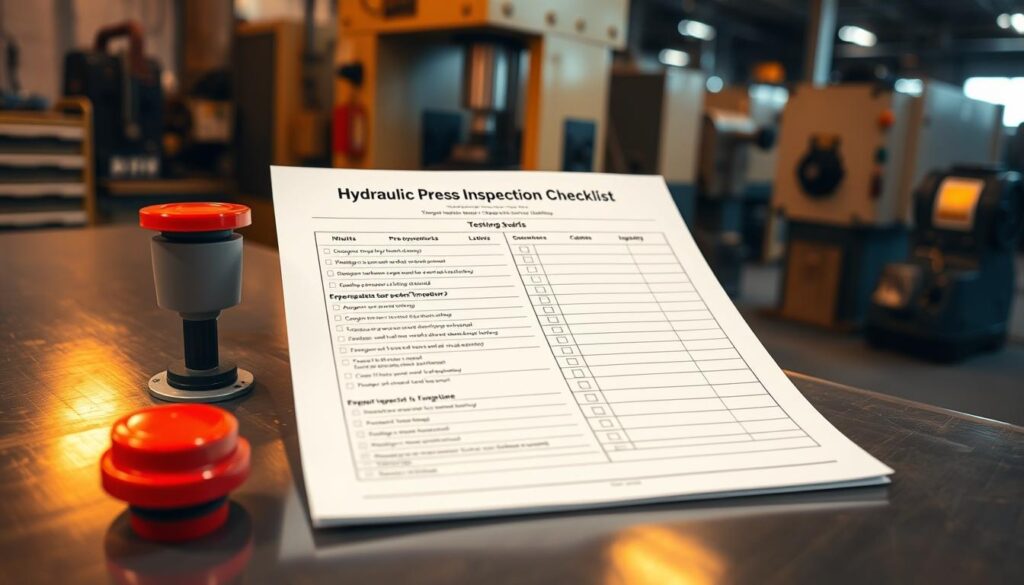 Technician performing hydraulic press inspection checklist with safety device testing procedures