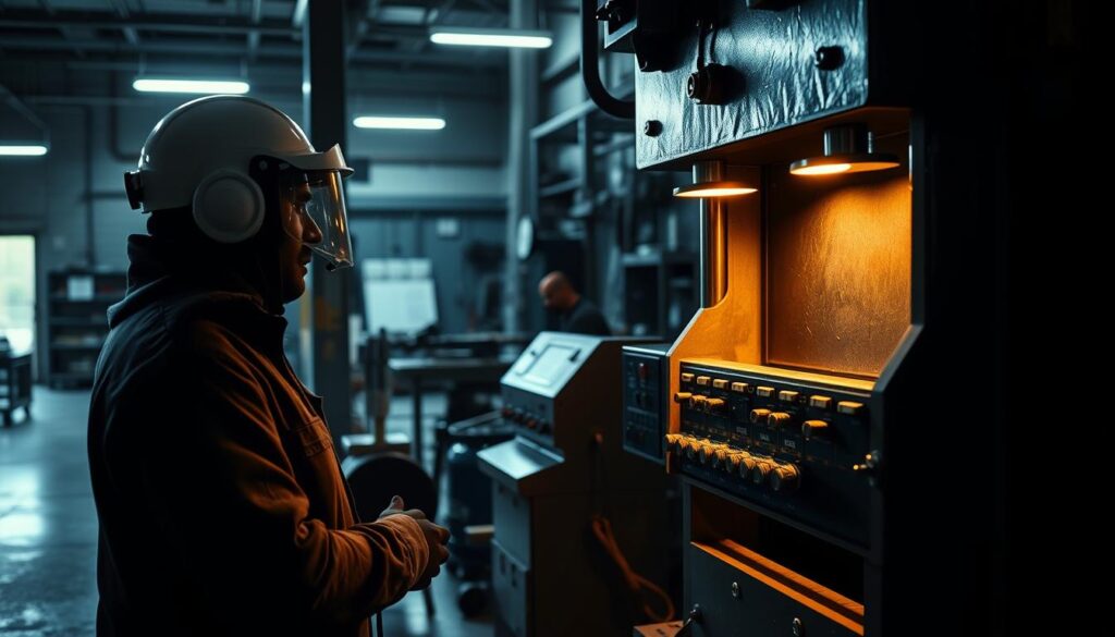Hydraulic press training session showing operator qualification program with hands-on competency testing