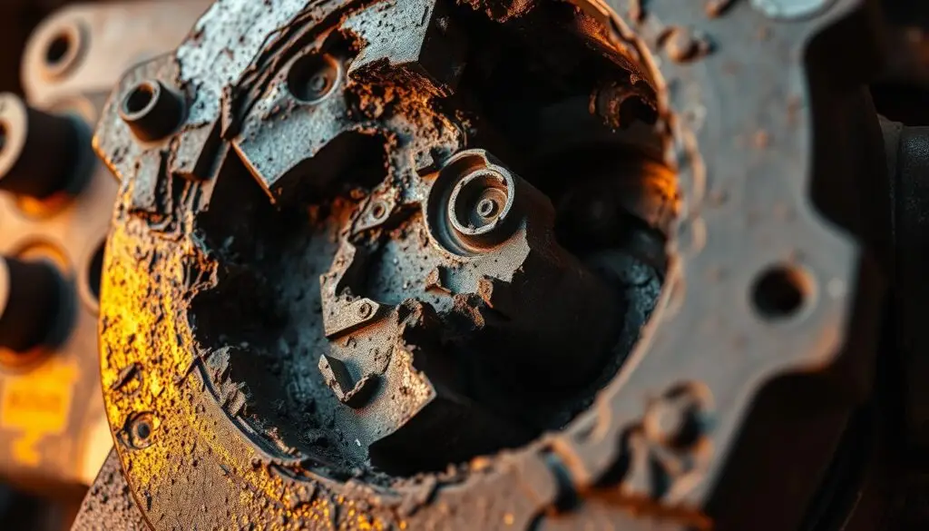 Close-up of hydraulic pump showing cavitation damage and pitting on internal components