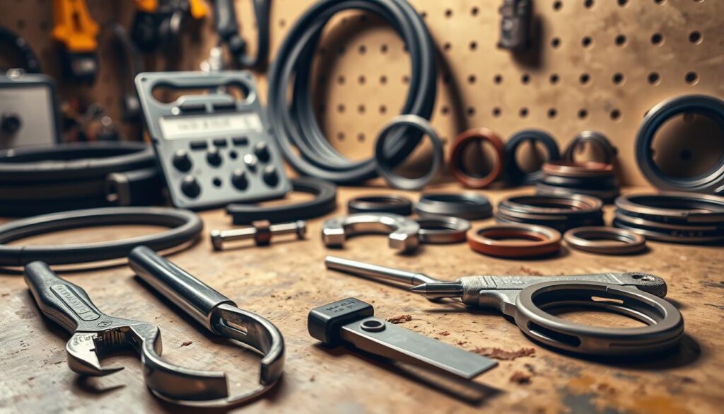 Professional hydraulic repair tools including seal picks, spanners, and installation equipment