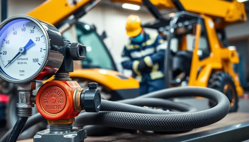Technician wearing safety glasses, gloves, and protective clothing while working on hydraulic equipment