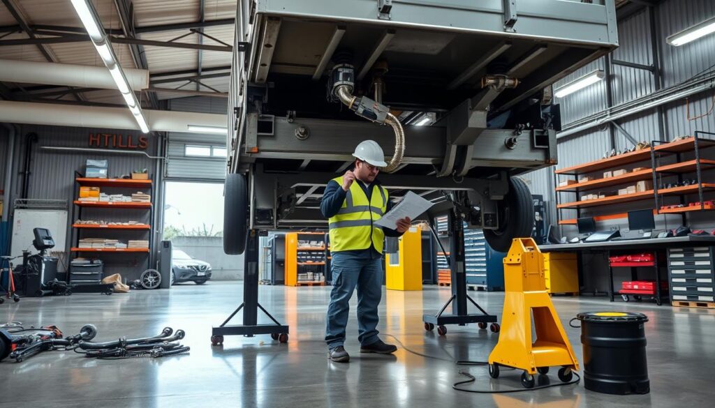 Technician wearing safety glasses, chemical-resistant gloves, and protective clothing during hydraulic maintenance