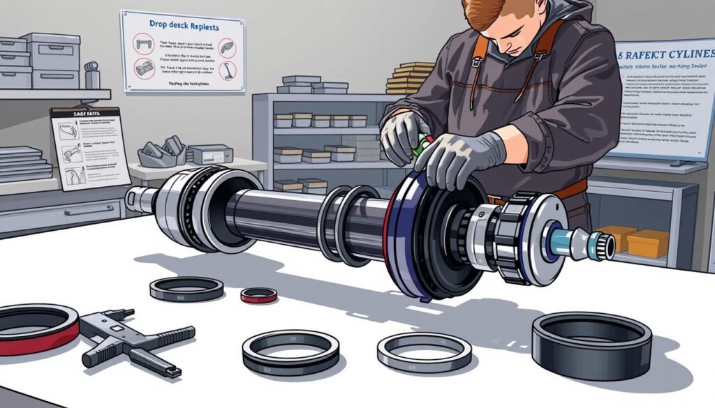Disassembled hydraulic cylinder showing piston, seals, rod, and barrel ready for rebuild