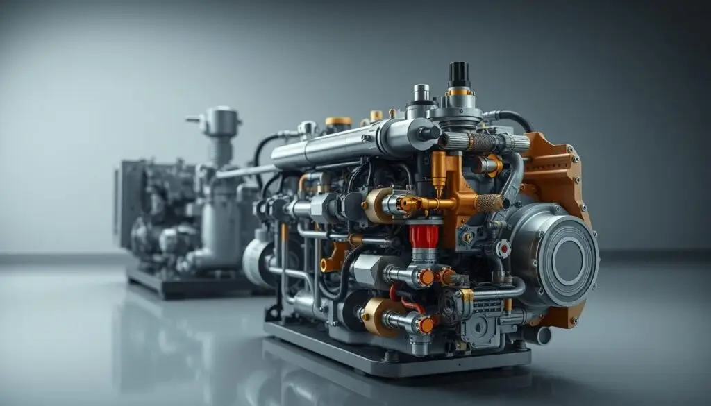 Heavy duty hydraulic system components showing pump, reservoir, and control valves in industrial equipment