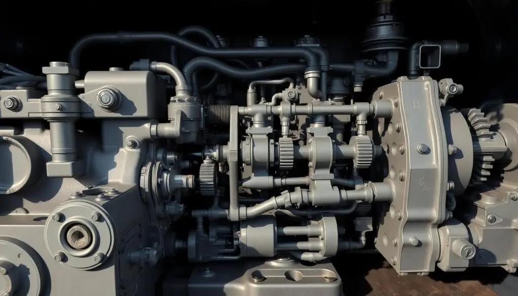 Hydraulic system components on heavy-duty truck showing pump, cylinders, and fluid reservoir