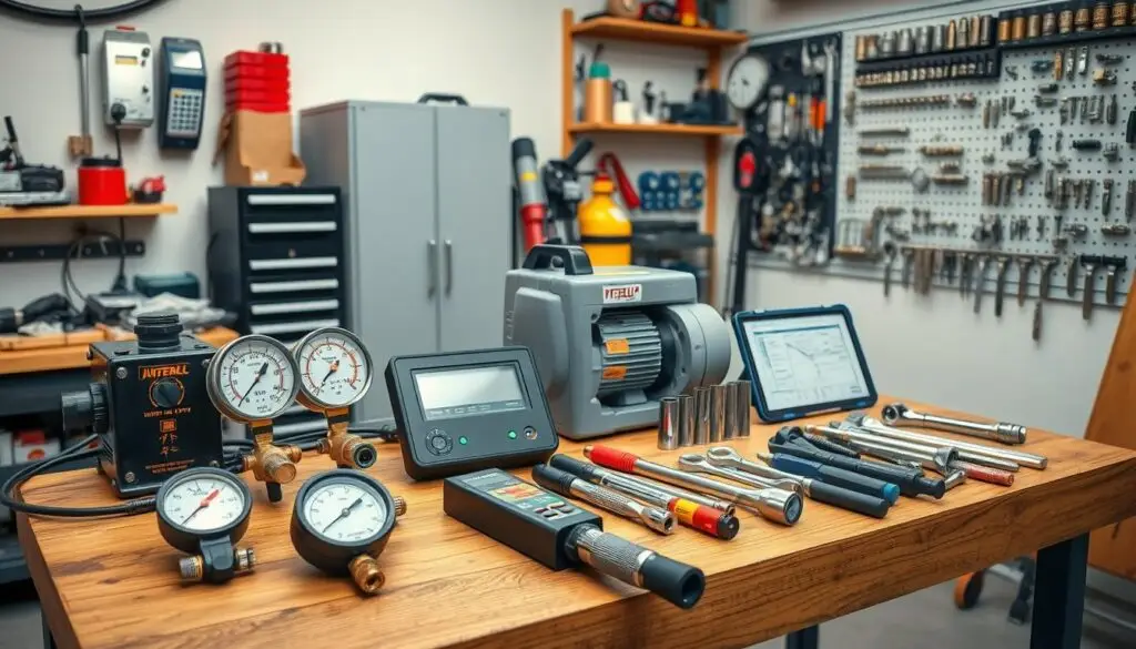 Hydraulic pressure gauges, flow meters, and diagnostic testing equipment arranged on workbench
