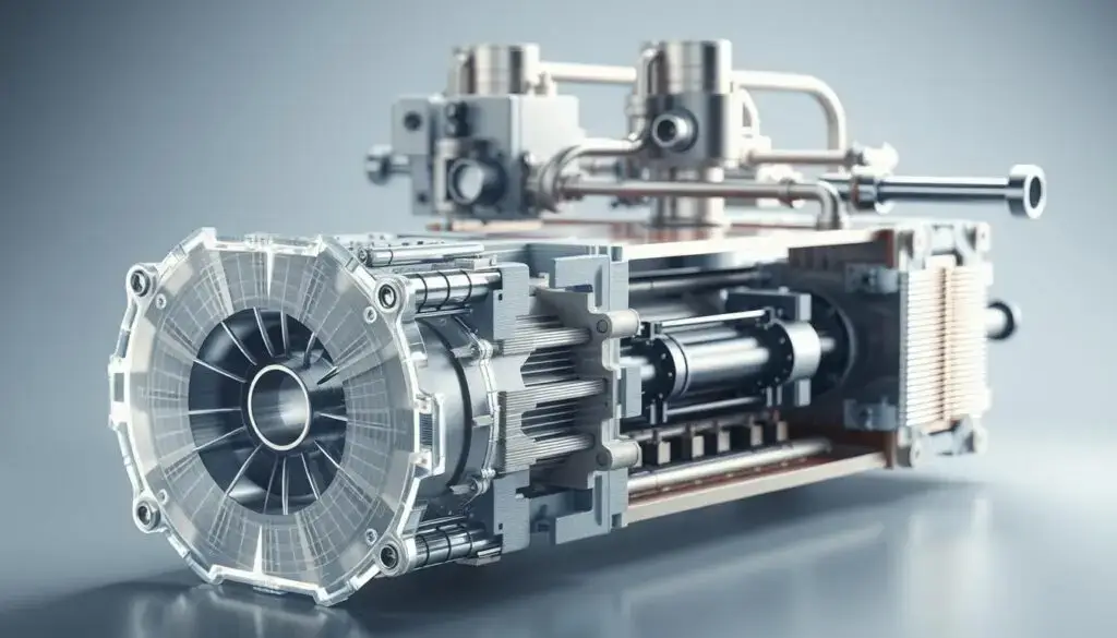 Hydrogen fuel cell stack technology showing proton exchange membrane and electric drivetrain components