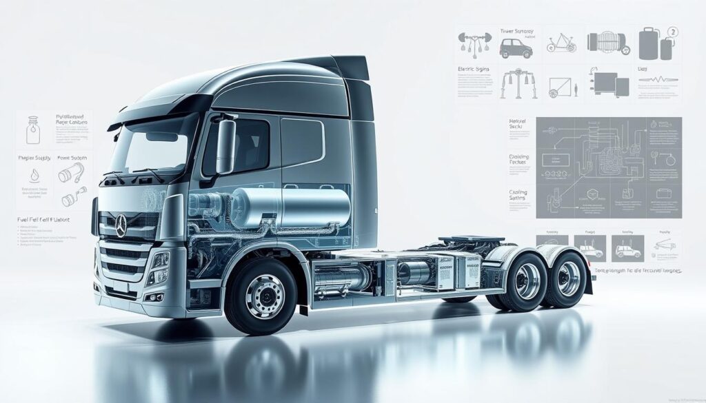 Technical diagram illustrating hydrogen fuel cell stack operation and power flow in a Class 8 tractor