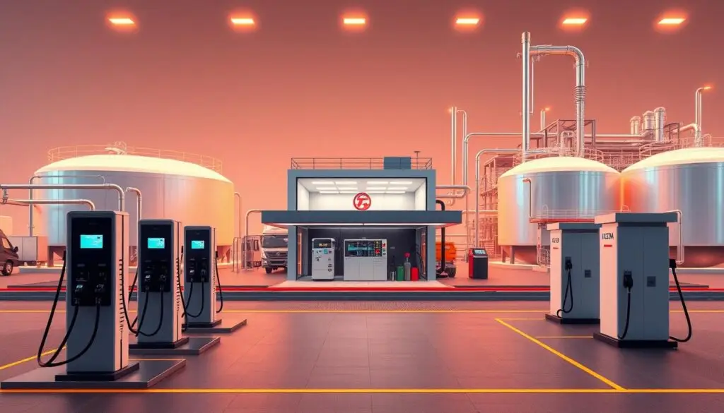 Hydrogen refueling station layout showing compression storage and dispensing equipment for heavy-duty trucks
