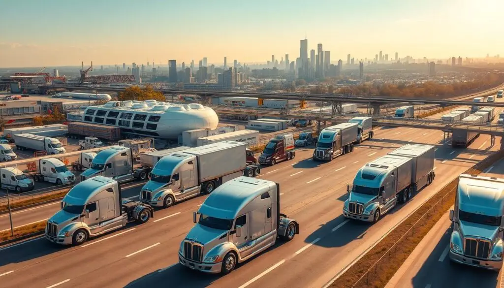 Commercial hydrogen fuel cell trucks at distribution center showing adoption momentum