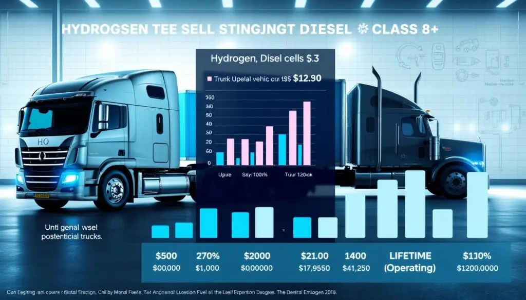 Comparison chart showing hydrogen fuel cell truck costs versus diesel alternatives with incentive reductions