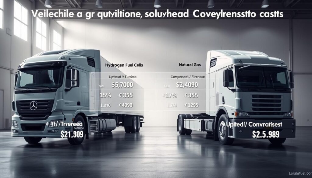 Side-by-side cost comparison showing acquisition prices for hydrogen, CNG, and diesel Class 8 tractors