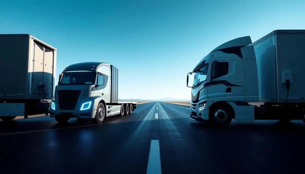 Side-by-side comparison of hydrogen fuel cell and battery electric trucks showing range payload and refueling advantages