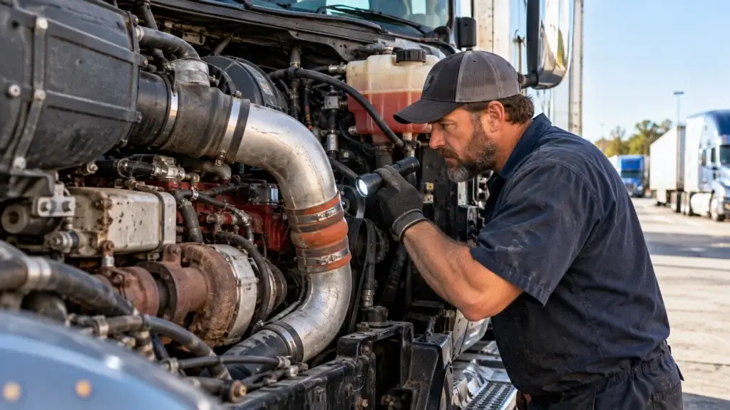 Diesel mechanic inspecting a heavy-duty truck engine for warning signs of immediate repair, including overheating, oil pressure, leaks, and engine damage.