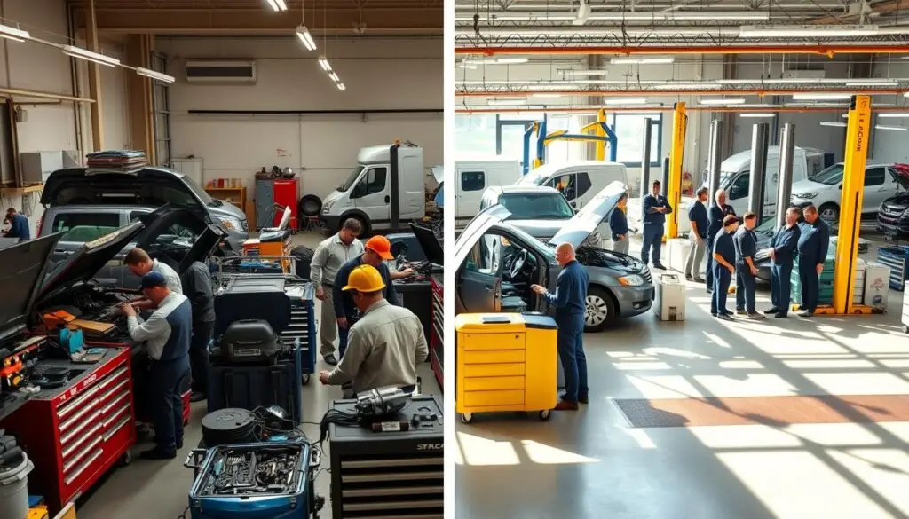 Side-by-side comparison showing in-house fleet maintenance shop with company technicians versus outsourced service center with third-party mechanics