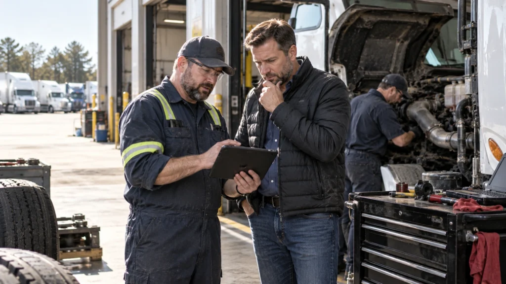 Fleet manager reviewing maintenance options with a diesel technician beside a Class 8 truck at a commercial repair facility.